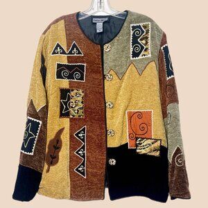 Indigo Moon Jacket 1X Patchwork Chenille Gold Earth Tones Fully Lined